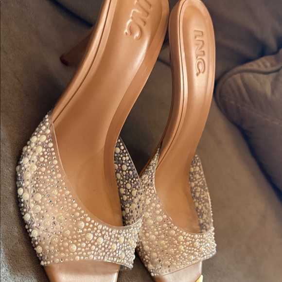 INC International Concepts Gold and Cream Embellished Heels - Picture 14 of 16